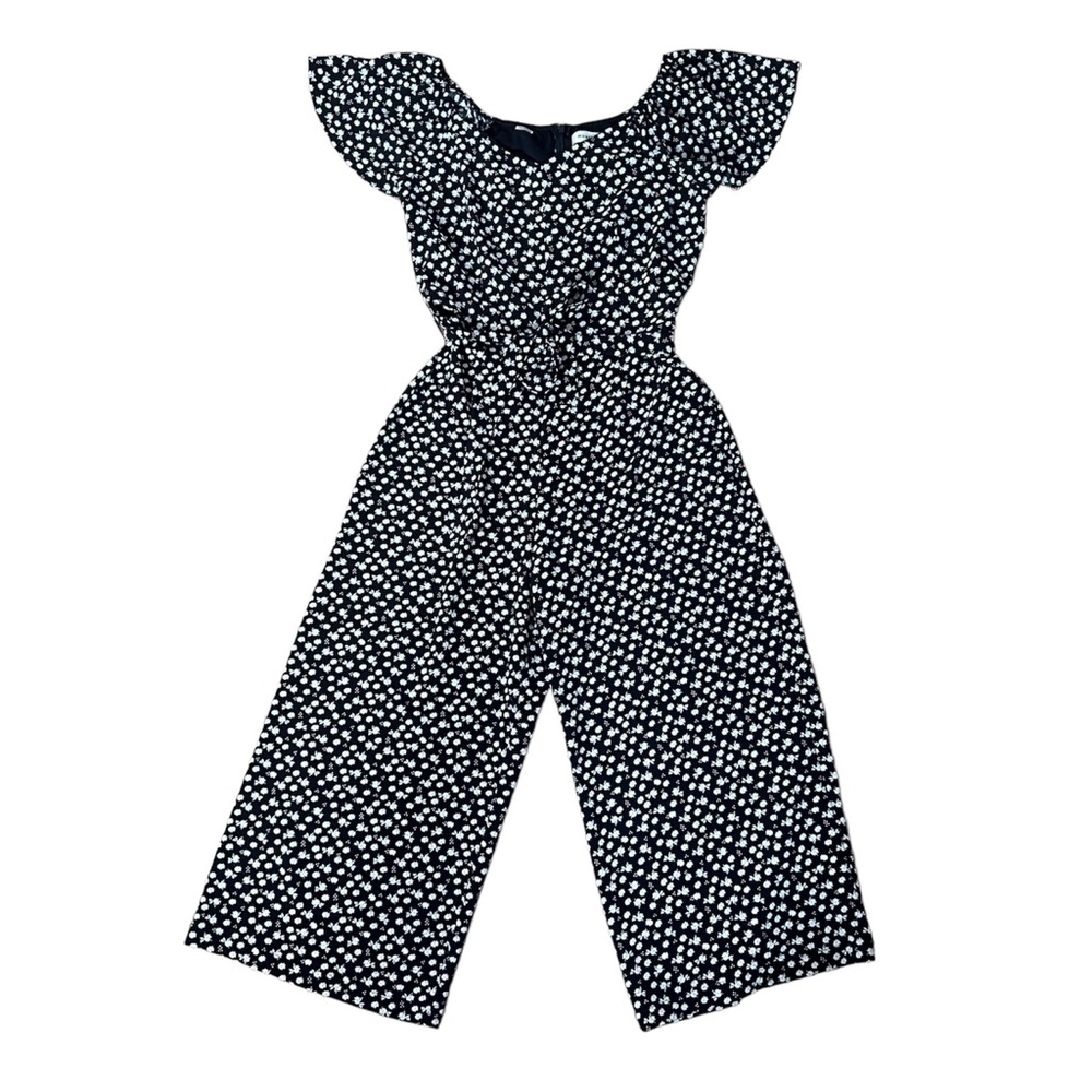 Black and White Small Floral Print Wide Leg Jumpsuit